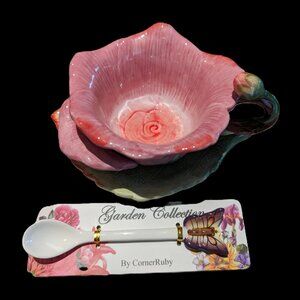 Corner Ruby Garden Collection Pink Flower Teacup Leaf Saucer Set New